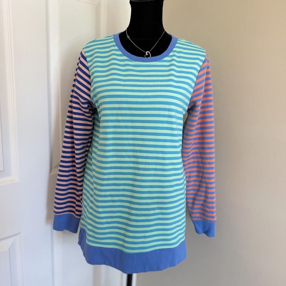 Lands End Crewneck Sweatshirt Women's XS Colorful Stripes Oversized Lounge Comfy